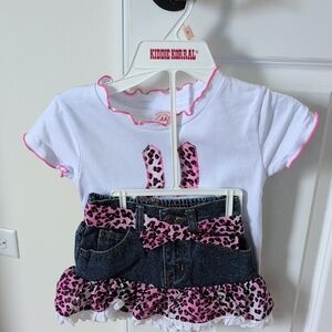 White and Pink Bunny Top with Denim Skirt Set